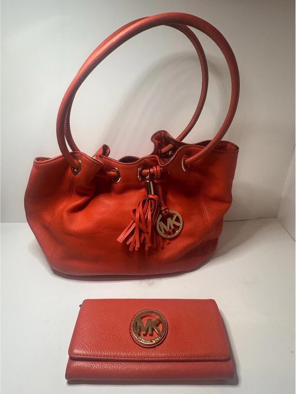 Michael Kors Red Pebbled Leather Shoulder Bag & Wallet Set